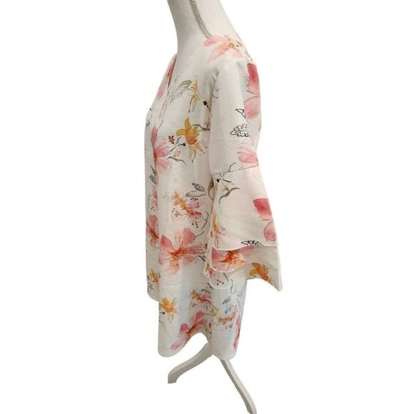 Summer Pink White Floral Mini Dress Size M Boho Spring Kimono Sleeve - Picture 3 of 6